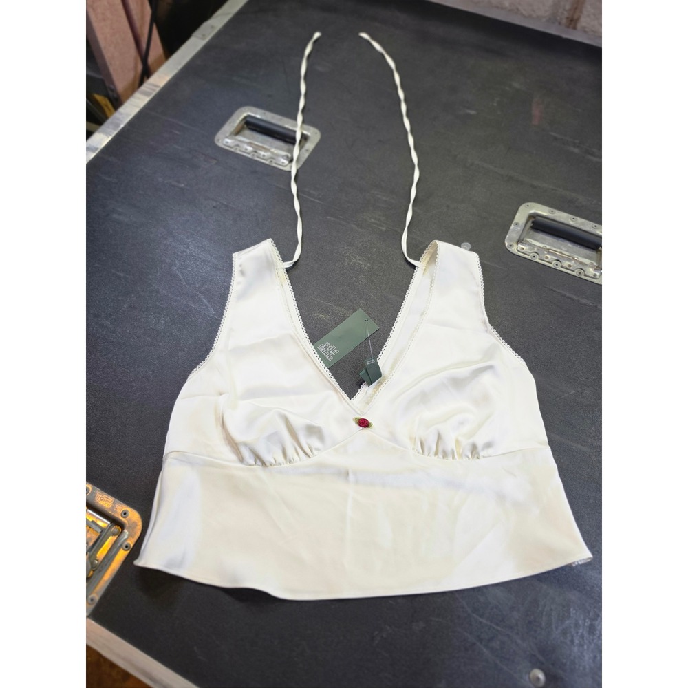 Wild Fable Off White Satin Halter Top Rosebud Lace Trim Large NWT